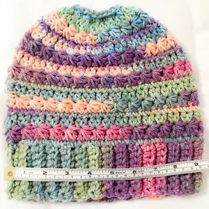 Crocheted messy bun/ponytail beanie